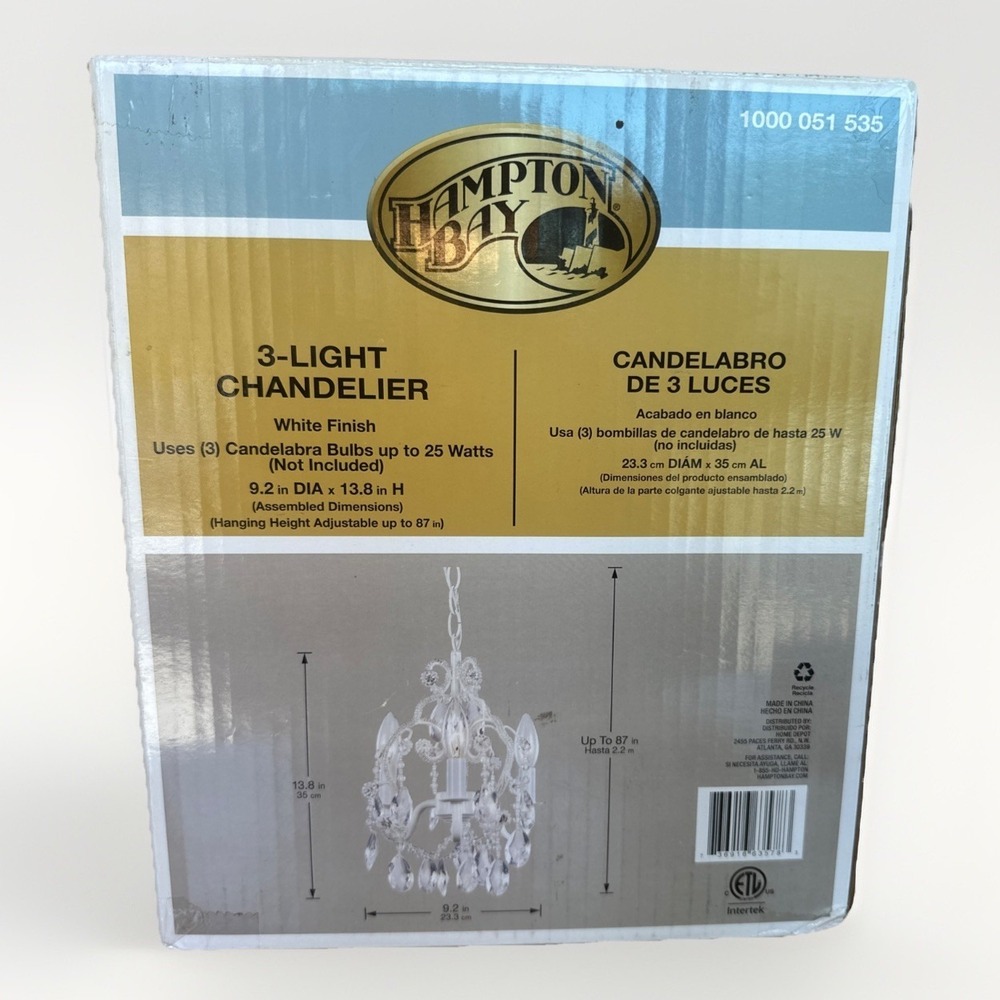 Hampton Bay 3-Light White Chandelier Candelabra Bulbs Crystal Like Accents New - Picture 3 of 5